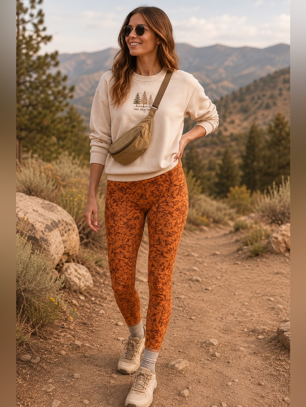 REI Co-Op Take Your Time Orange Brown Leaf So Soft 7/8 Pockets Athletic Leggings